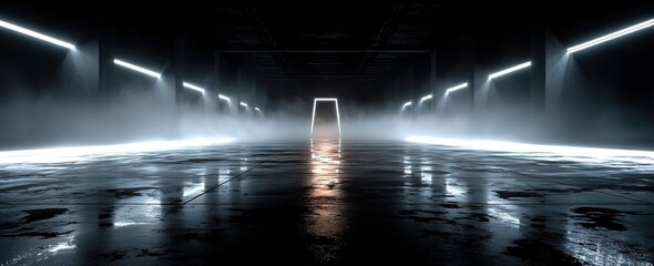 Futuristic Neon - Lit Corridor. It shows a sleek, neon - lit corridor with a glowing doorway, ideal for sci - fi movie posters, tech company visuals, and futuristic design projects.