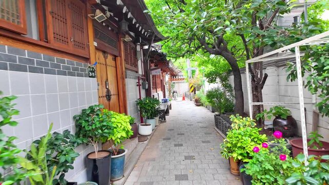 An alley lined with Korean hanok houses