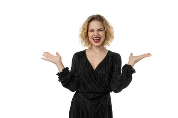 Excited woman shops for Black Friday deals, isolated, PNG