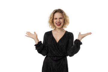 Excited woman shops for Black Friday deals, isolated, PNG