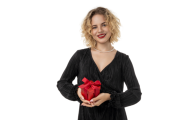 Woman smiles with a red gift box at celebrations, isolated, PNG