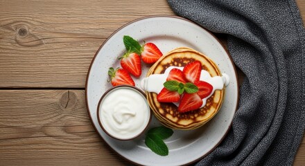 Overhead view of delicious pancakes with fresh strawberries and cream on a rustic wooden table, served with a side of yogurt and mint leaves