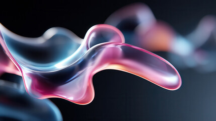 Abstract fluid shape glowing with pink and blue colors floating on dark background in smooth translucent form