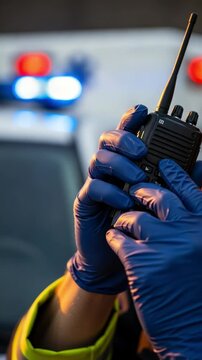 Close-up of hands in blue protective gloves holding a two-way radio with blurred police car lights in the background, indicating emergency services communication.