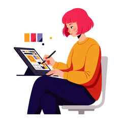 A woman with pink hair sits on a chair using a stylus on a digital tablet, designing with color palettes.