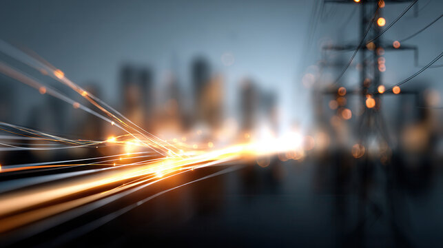 Glowing energy lines with blurred cityscape and power transmission tower in background creating dynamic futuristic effect