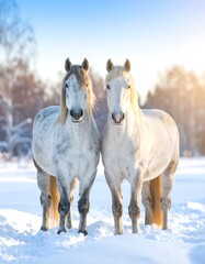Obraz premium Two horses in snowy winter landscape