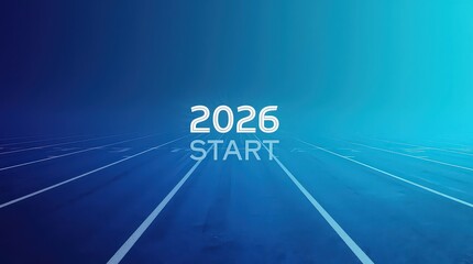 A blue background with the year two thousand twenty six and the word start on a racing track