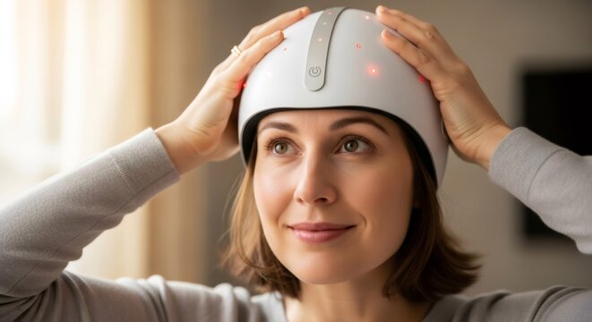 Caucasian woman using a laser therapy helmet. Hair regrowth treatment for hair loss. Innovative alopecia solution.
