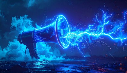 Powerful megaphone with electric blue lightning