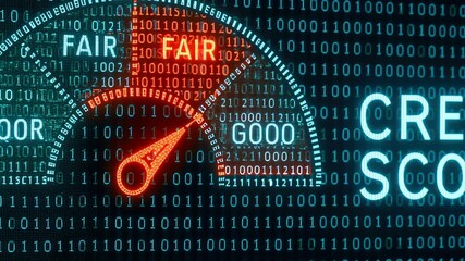 Ai credit scoring concept with digital gauge and meter showing fair score, binary code background, financial analysis, poor fair good ratings - Powered by Adobe