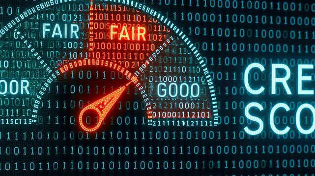 Ai credit scoring concept with digital gauge and meter showing fair score, binary code background, financial analysis, poor fair good ratings