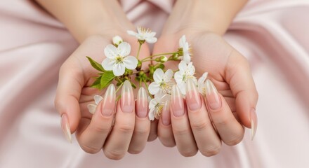 Womans hands with long elegant nails holding delicate white cherry blossoms on a pink satin background