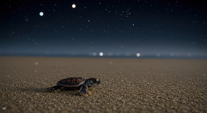 Baby sea turtle crawling on beach at night