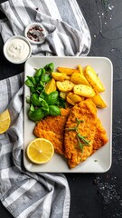 Crispy fish with potato wedges and salad