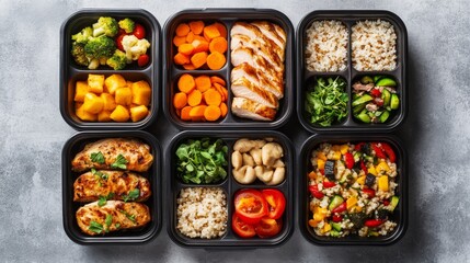 94.An elegant display of fitness meal containers, perfectly organized on a soft gray background. The containers are filled with nutrient-dense meals, such as lean proteins, roasted vegetables, and