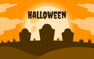 Color an orange halloween greeting scene with tombstones grass clouds and full moon text.