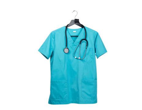 Ultra-detailed 8K PNG of turquoise-blue doctor scrubs and a metallic stethoscope drap 990078