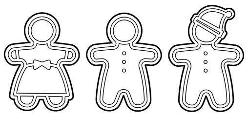 Set of outline gingerbread cookie shapes — girl, boy, and figure in a Christmas hat. Black and white vector illustration for holiday, Christmas, or New Year design.