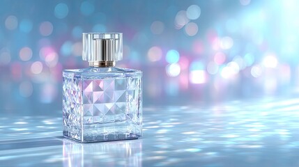 Elegant Clear Faceted Glass Perfume Bottle on Shimmering Blue Surface with Bokeh Lights Background Luxurious Fragrance Container Beauty Product Still Life
