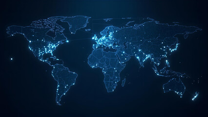 Global connectivity and business network concept, showing a high-tech world map with glowing nodes and connections