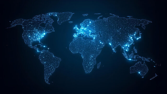 Global connectivity and business network concept, showing a high-tech world map with glowing nodes and connections - Powered by Adobe