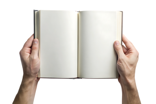 Hands Holding Open Blank Book Isolated on BlackBackground cutout PNG isolated on a transparent background