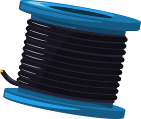 Blue cable reel holds black and yellow cable trim. Suitable for construction, electrical, and industrial concepts in design projects.