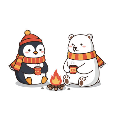 A vibrant 2D flat vector illustration shows a cute penguin and a fluffy polar bear in warm scarves, sharing hot cocoa by a cozy campfire.