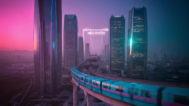 Neon Cityscape View with Futuristic Skyrail at Dusk