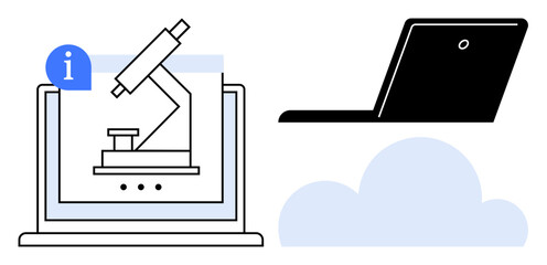 Microscope on laptop screen with info icon and cloud symbolizing digital learning, education, and research. Ideal for online study, science, technology, innovation, e-learning, cloud computing