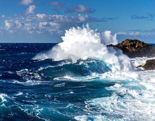 Powerful ocean waves crashing against rocks