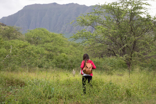 Chinese woman hiking through foothill meadow carrying brown leather backpack and holding folded map