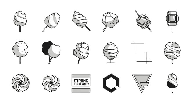 Geometric cotton candy and lollipop icons; minimalist grayscale design.