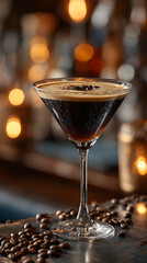 a Martini Espresso in a sophisticated bar environment with coffee beans in it.