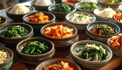 A vibrant spread of assorted Korean banchan, showcasing a variety of fermented vegetables and side dishes, a culinary delight for any meal