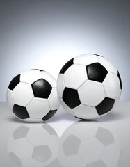 Two soccer balls, one large and one smaller, sit side-by-side on a light gray surface.  The balls are black and white, and their reflections are visible on the surface