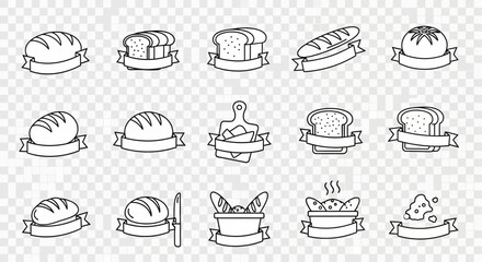 Line art illustrations of various bread types, including loaves, slices, and rolls, each with a banner.