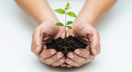 Tenderly holding a vibrant seedling, symbol of growth and nurturing for a sustainable future, invest in our planet, plant the seeds of tomorrow, new beginnings concept