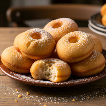 Unas donas en un plato sobre la mesa en la ma&ntilde;ana, luz natural de la ventana.