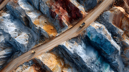 a wide-angle aerial photograph of an expansive rare earth mineral mine, showcasing the vast scale and complexity of the mining operation