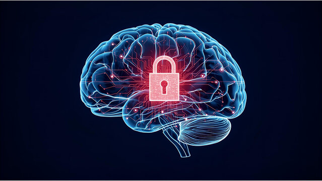 Intellectual property and data protection concept, a glowing brain secured by a digital padlock