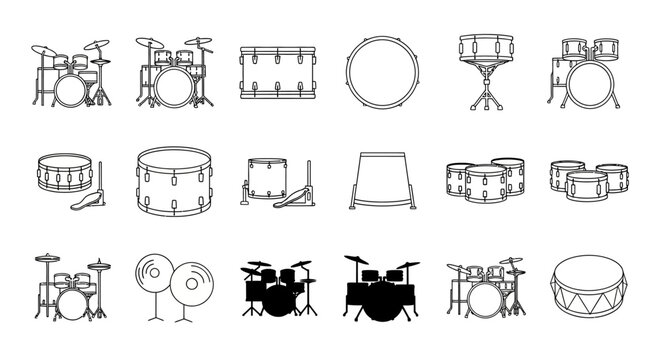 A collection of drum kit illustrations, showcasing various configurations and individual drum components.