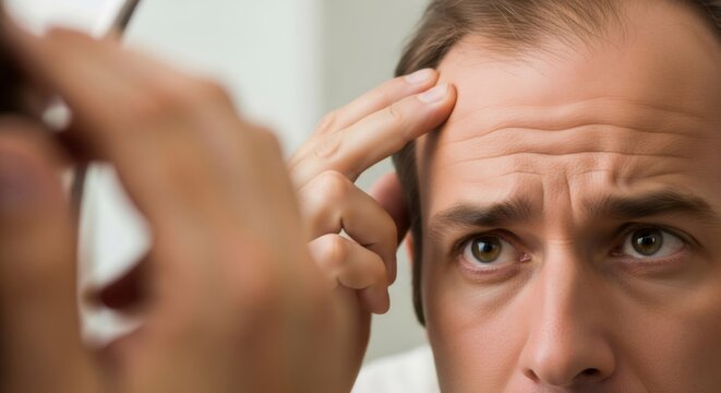 Caucasian man checking his receding hairline in the mirror. Male pattern baldness and hair loss concept. Hair care treatment.