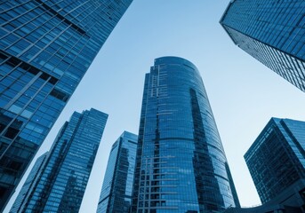 Fototapeta premium Futuristic Glass Skyscrapers with Blue Reflections in Modern Business District