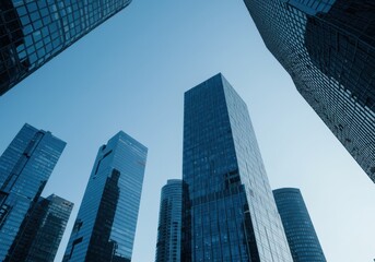 Obraz premium Futuristic Glass Skyscrapers with Blue Reflections in Modern Business District