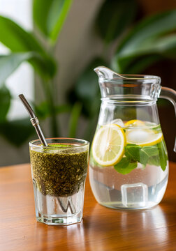 un terer&eacute; de limonada sobre la mesa con jarra de vidrio transparente, de fondo unas plantas de interiores