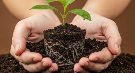 Nurturing growth concept with hands gently holding a young plant in soil, symbolizing new beginnings and environmental care, perfect for eco-conscious brands and sustainable initiatives