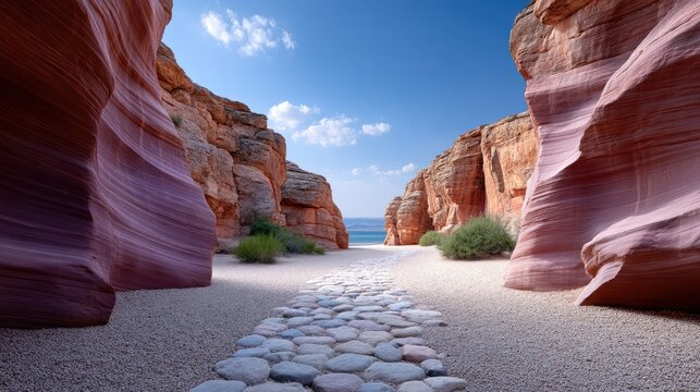 Antelope Canyon Red Rock Formations with Blue Sky and Cobblestone Path in Arizona Desert Landscape with Natural Light and Shadow Play