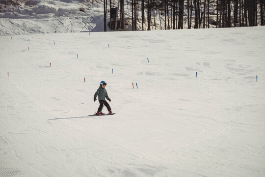 Male child wearing blue helmet, green jacket riding snowboard down ski run with poles, copy space